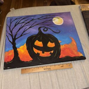 Spooky Fire Jackolantern Pumpkin Acrylic Halloween Painting Canvas Wicca Witch